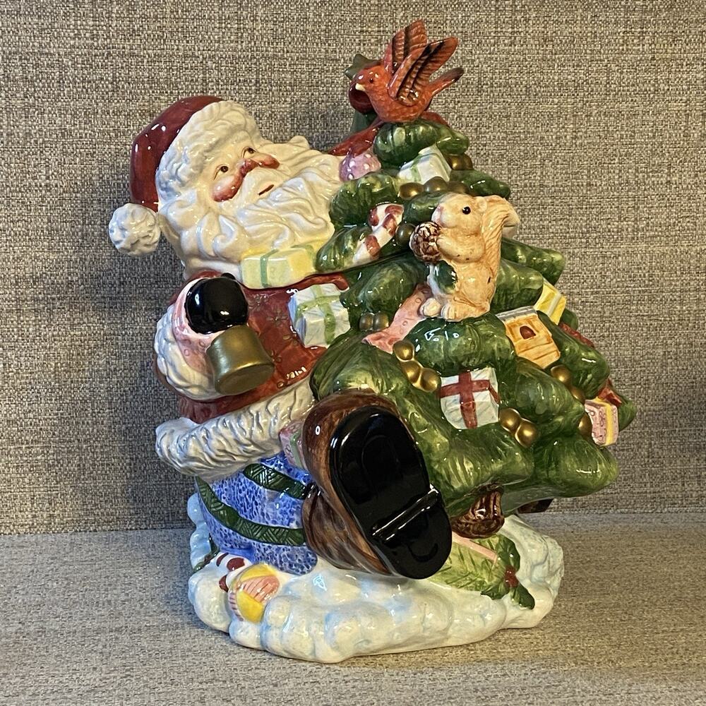 Christmas Santa Cookie Jar – Santa Carrying Decorated Tree w/ Squirrel & Bird